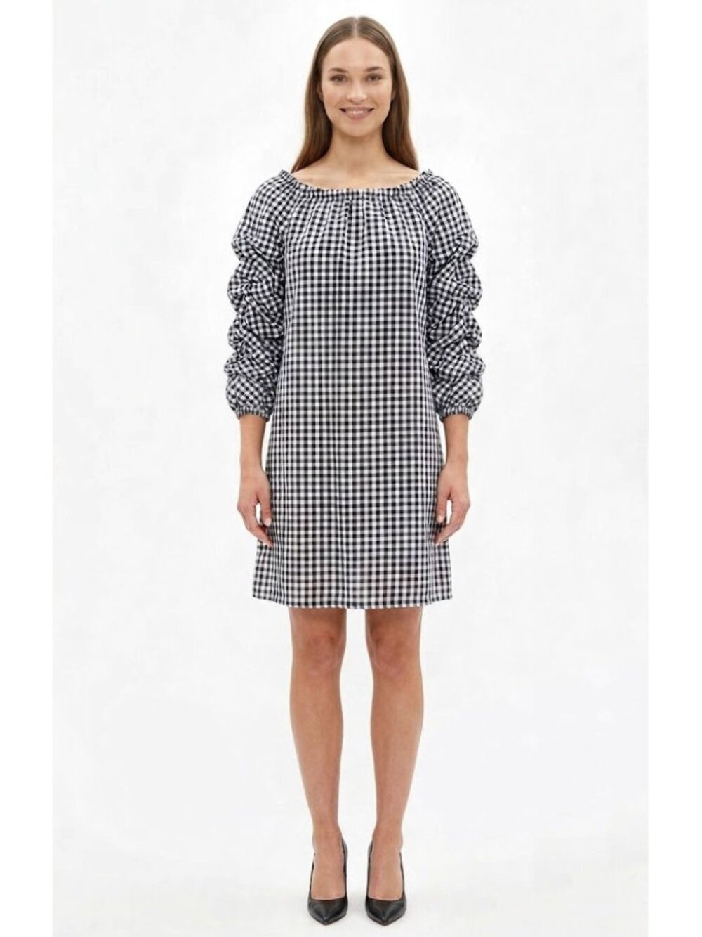 Max Studio Gingham Dress Cotton Boat Neck Ruched Sleeve Boho, Womens Size S